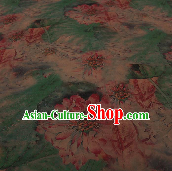 Traditional Chinese Classical Lotus Pattern Green Gambiered Guangdong Gauze Silk Fabric Ancient Hanfu Dress Silk Cloth