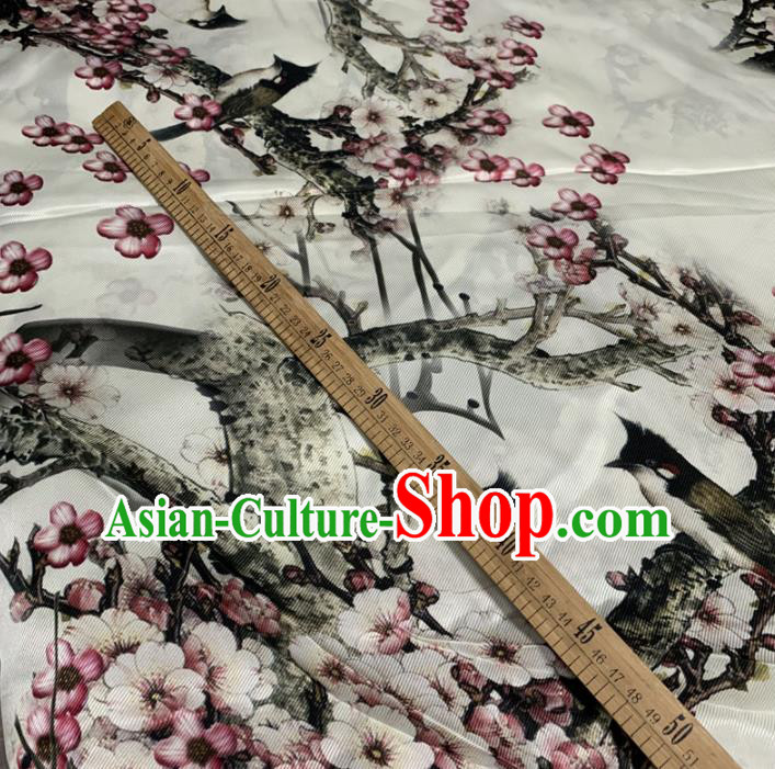 Chinese Classical Ink Painting Plum Pattern White Silk Fabric Traditional Ancient Hanfu Dress Brocade Cloth