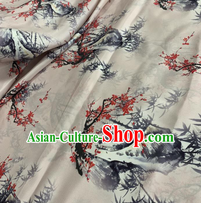 Chinese Classical Plum Blossom Bamboo Pattern White Silk Fabric Traditional Ancient Hanfu Dress Brocade Cloth