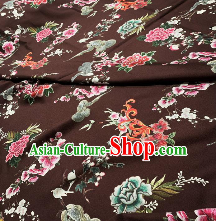 Chinese Classical Peony Pattern Deep Brown Silk Fabric Traditional Ancient Hanfu Dress Brocade Cloth