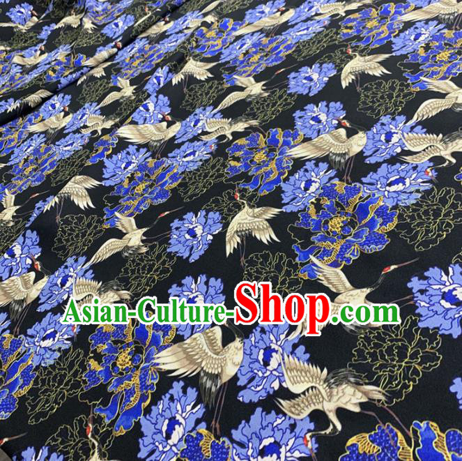 Chinese Classical Peony Cranes Pattern Black Silk Fabric Traditional Ancient Hanfu Dress Brocade Cloth
