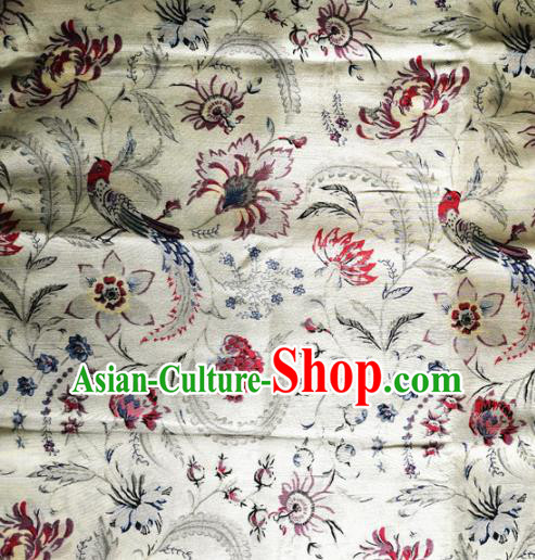 Chinese Classical Birds Pattern White Silk Fabric Traditional Ancient Hanfu Dress Brocade Cloth
