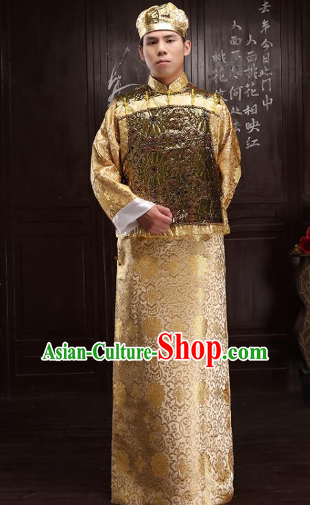 Chinese Traditional Qing Dynasty Royal Prince Golden Hanfu Clothing Ancient Manchu Nobility Childe Costume for Men