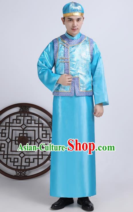 Chinese Traditional Qing Dynasty Royal Prince Blue Hanfu Clothing Ancient Manchu Nobility Childe Costume for Men