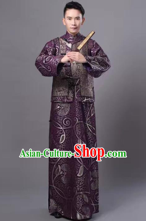 Chinese Traditional Qing Dynasty Prince Purple Hanfu Clothing Ancient Manchu Nobility Childe Costume for Men