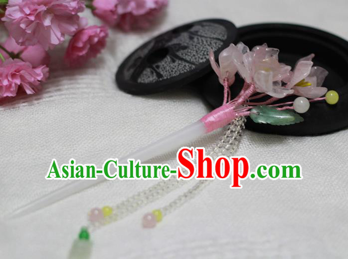 Chinese Ancient Court Queen Pink Begonia Tassel Hairpins Traditional Classical Hanfu Hair Accessories for Women