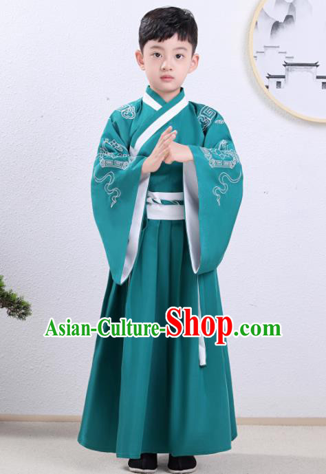 Chinese Traditional Han Dynasty Children Green Hanfu Clothing Ancient Scholar Costume for Kids