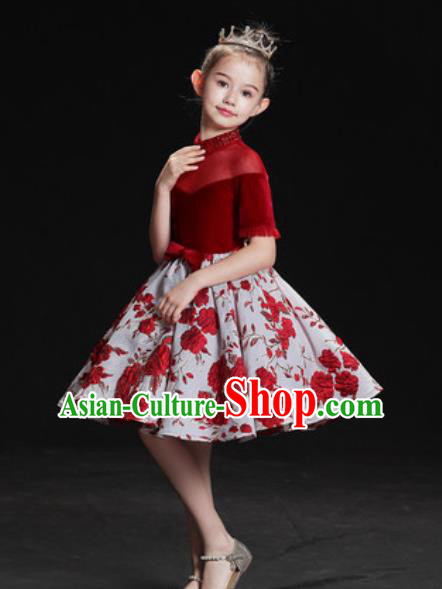 Top Grade Christmas Day Dance Performance Red Velvet Full Dress Kindergarten Girl Stage Show Costume for Kids