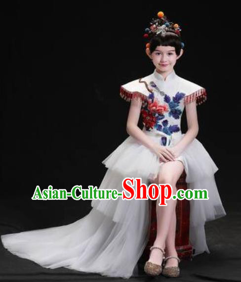 Chinese New Year Performance White Veil Trailing Full Dress Kindergarten Girls Dance Stage Show Costume for Kids
