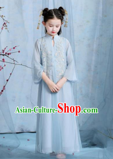 Chinese New Year Performance Embroidered Blue Veil Dress Kindergarten Girls Dance Stage Show Costume for Kids