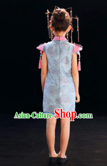 Chinese New Year Performance Blue Qipao Dress National Kindergarten Girls Dance Stage Show Costume for Kids