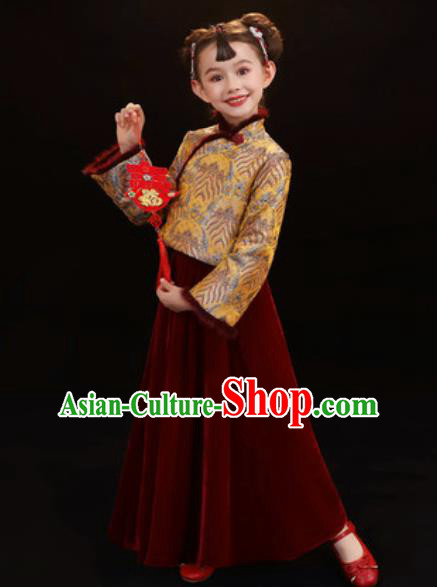 Chinese New Year Performance Purplish Red Dress National Kindergarten Girls Dance Stage Show Costume for Kids