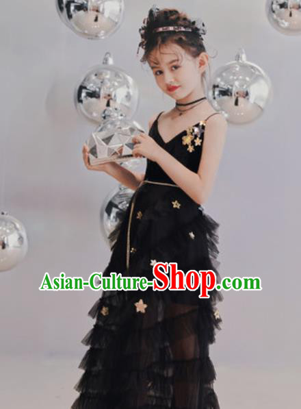 Top Grade Christmas Day Dance Performance Black Veil Full Dress Kindergarten Girl Stage Show Costume for Kids