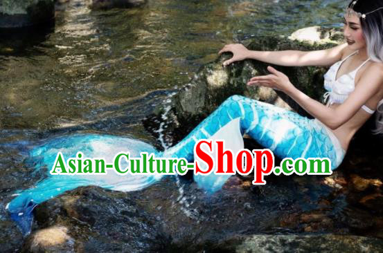 Halloween Cosplay Mermaid Blue Fishtail Swimwear Dress Nylon Fish Tail Skirt Clothing for Women
