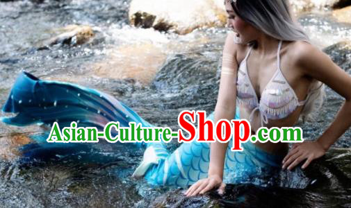 Halloween Cosplay Mermaid Blue Fishtail Swimwear Dress Nylon Fish Tail Skirt Clothing for Women