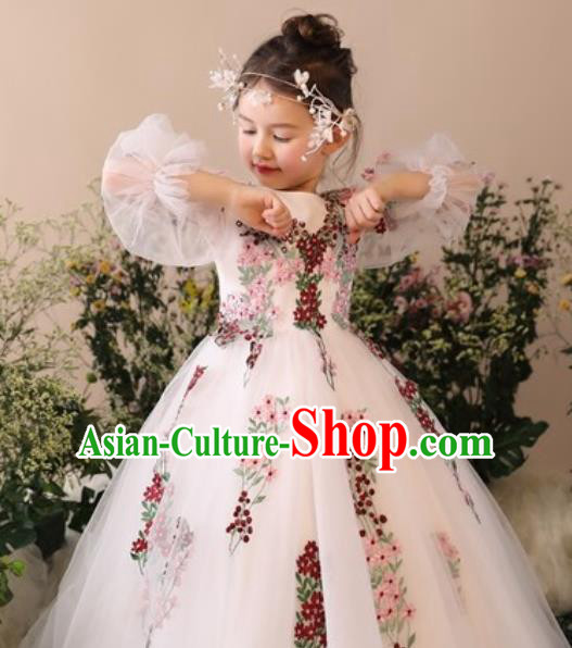 Top Grade Christmas Day Dance Performance Flowers Fairy White Full Dress Kindergarten Girl Stage Show Costume for Kids