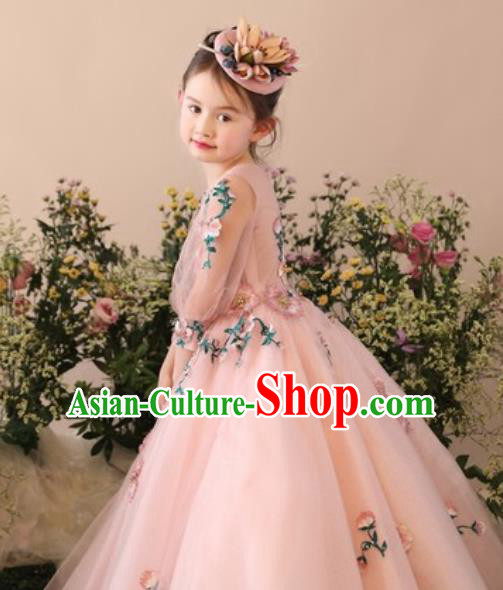 Top Grade Christmas Day Dance Performance Flowers Fairy Pink Full Dress Kindergarten Girl Stage Show Costume for Kids