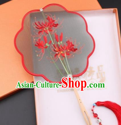 Chinese Traditional Suzhou Embroidery Red Spider Lily Palace Fans Embroidered Fans Embroidering Craft