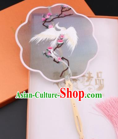 Chinese Traditional Suzhou Embroidery White Phoenix Palace Fans Embroidered Fans Embroidering Craft