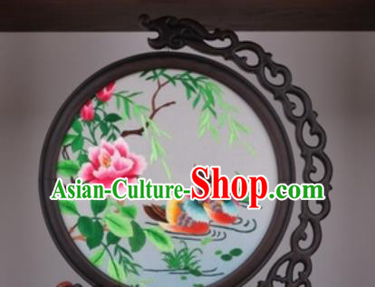 Chinese Traditional Suzhou Embroidery Mandarin Duck Peony Table Folding Screen Embroidered Rosewood Decoration Embroidering Craft