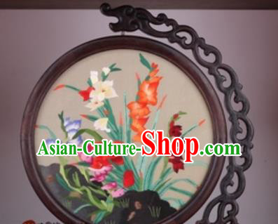 Chinese Traditional Suzhou Embroidery Orchid Table Folding Screen Embroidered Rosewood Decoration Embroidering Craft