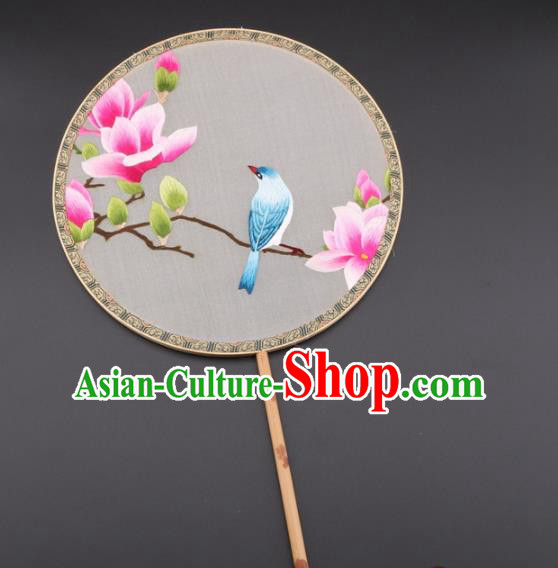 Chinese Traditional Suzhou Embroidery Pink Magnolia Palace Fans Embroidered Silk Round Fans Embroidery Craft