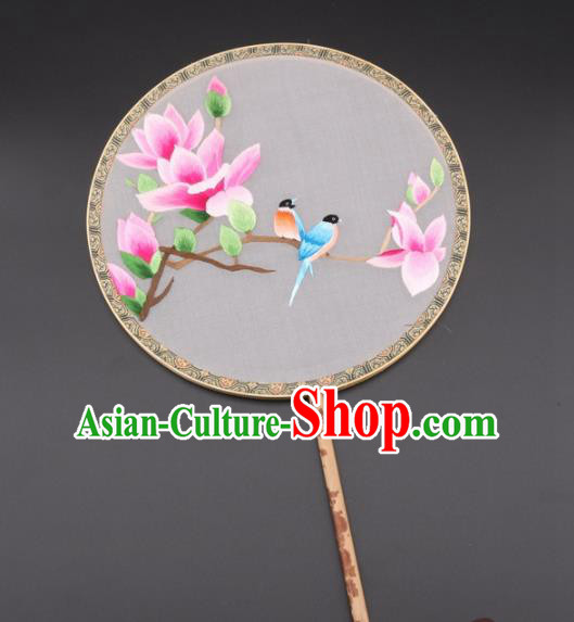 Chinese Traditional Suzhou Embroidery Pink Magnolia Birds Palace Fans Embroidered Silk Round Fans Embroidery Craft