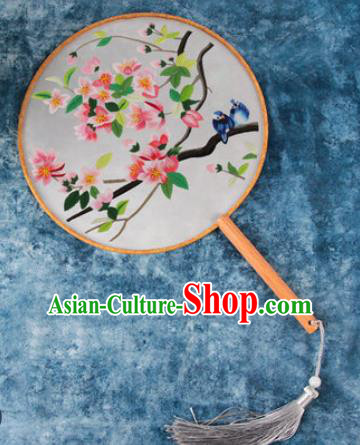Chinese Traditional Handmade Embroidery Peach Blossom Silk Round Fan Embroidered Palace Fans