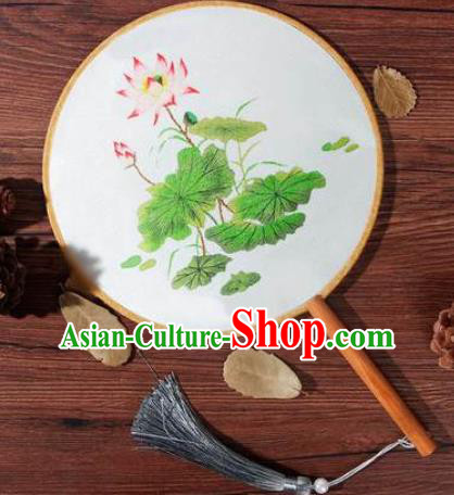 Chinese Traditional Handmade Embroidery Lotus Silk Round Fan Embroidered Palace Fans