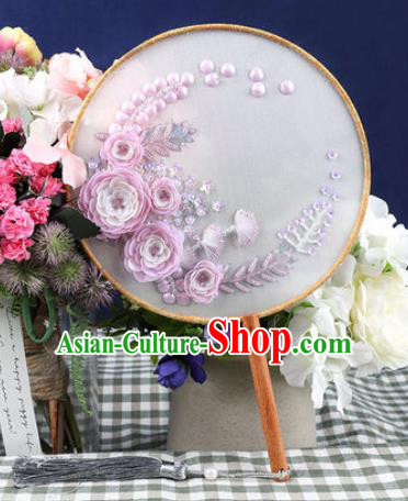 Chinese Traditional Handmade Embroidery Lilac Camellia Round Fan Embroidered Palace Fans