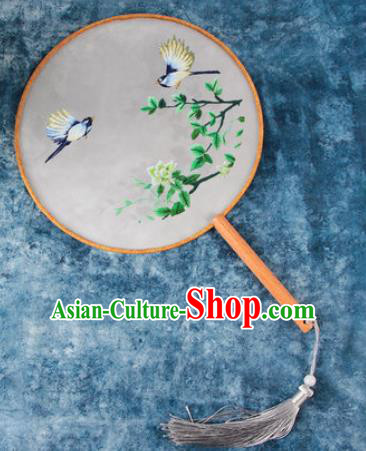 Chinese Traditional Handmade Embroidery Green Flower Round Fan Embroidered Palace Fans
