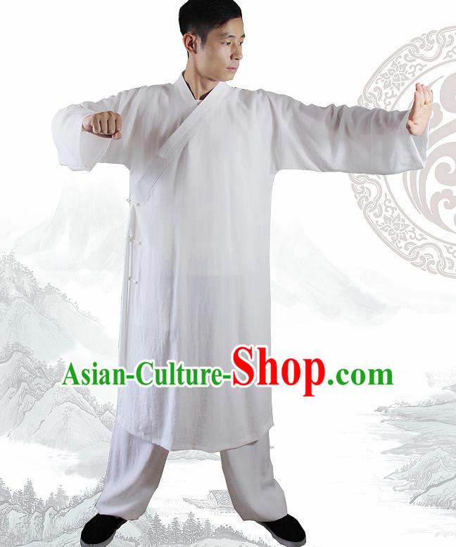 Chinese Traditional Martial Arts White Flax Robe Kung Fu Taoist Priest Tai Chi Costume for Men