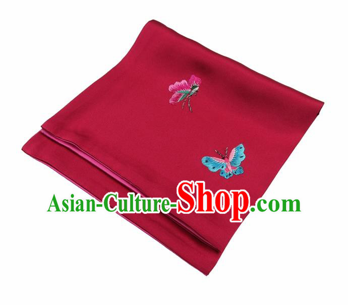 Chinese Traditional Handmade Embroidery Butterfly Wine Red Silk Handkerchief Embroidered Hanky Suzhou Embroidery Noserag Craft