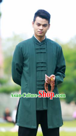 Traditional Chinese Kung Fu Tai Chi Deep Green Flax Jacket Martial Arts Competition Costume for Men