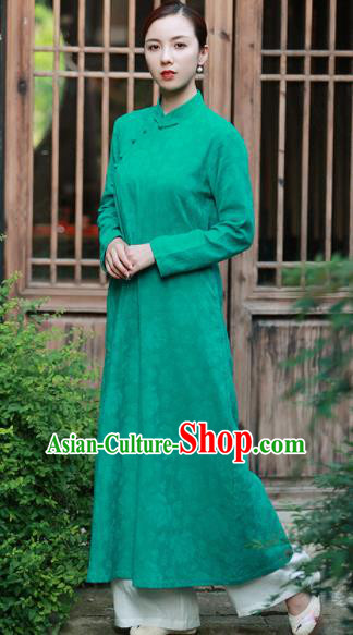 Chinese Traditional Martial Arts Green Qipao Dress Tang Suit Kung Fu Tai Chi Costume for Women