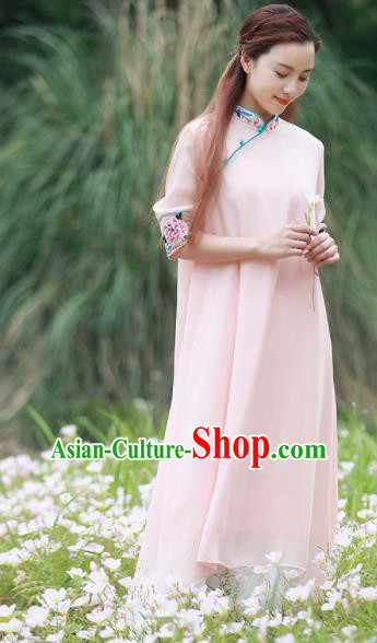 Chinese Traditional Tang Suit Pink Silk Qipao Dress Classical Embroidered Cheongsam Costume for Women