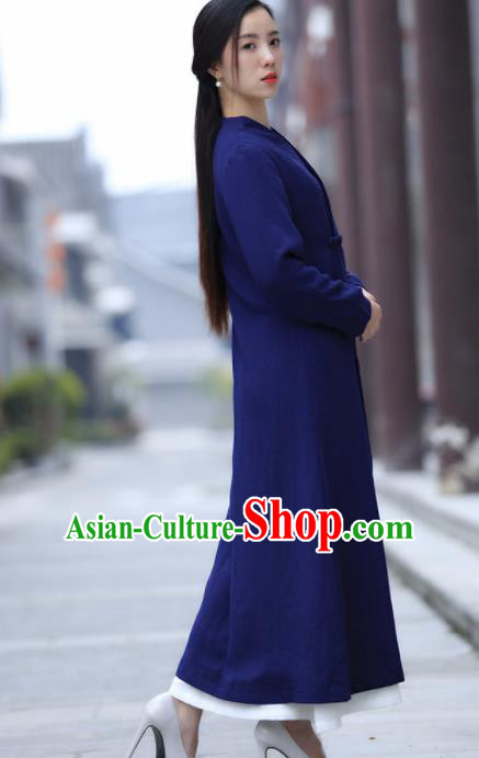 Chinese Traditional Tang Suit Royalblue Flax Dust Coat Classical Overcoat Costume for Women
