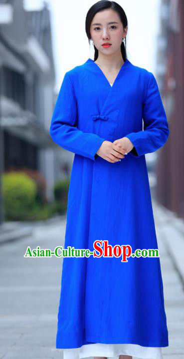 Chinese Traditional Tang Suit Blue Flax Dust Coat Classical Overcoat Costume for Women