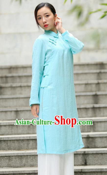 Chinese Traditional Tang Suit Light Blue Flax Qipao Blouse Classical Overcoat Costume for Women