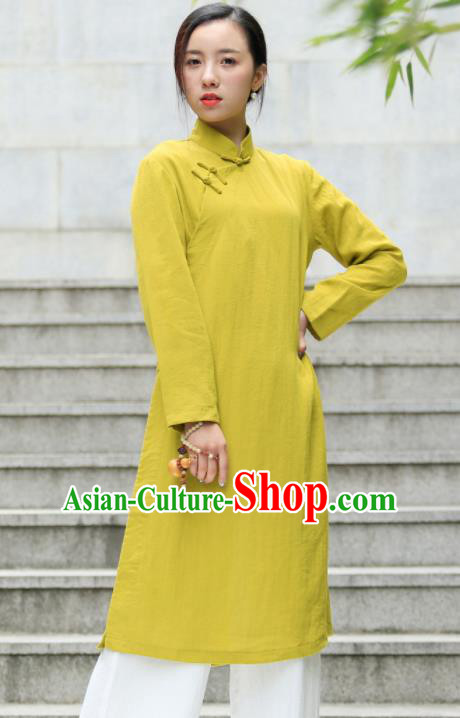 Chinese Traditional Tang Suit Yellow Green Flax Qipao Blouse Classical Overcoat Costume for Women