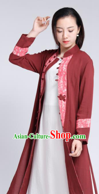 Chinese Traditional Tang Suit Rust Red Flax Cardigan Classical Overcoat Costume for Women
