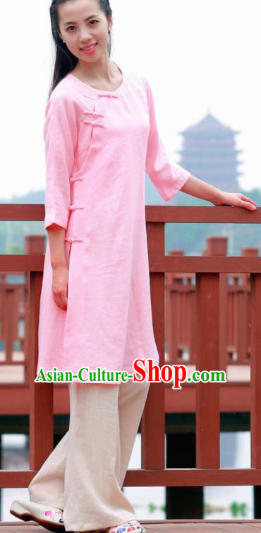 Chinese Traditional Tang Suit Pink Flax Blouse Classical Dress Costume for Women