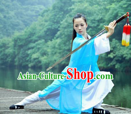 Chinese Traditional Wudang Taoist Nun Martial Arts Blue Outfits Kung Fu Tai Chi Costume for Women