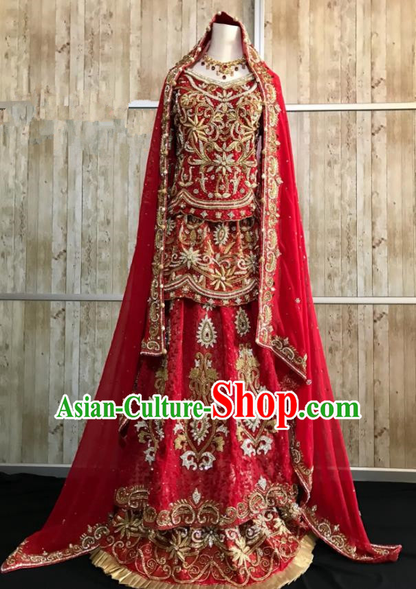 South Asia  Indian Bride Red Dress Traditional   India Hui Nationality Wedding Luxury Embroidered Costumes for Women