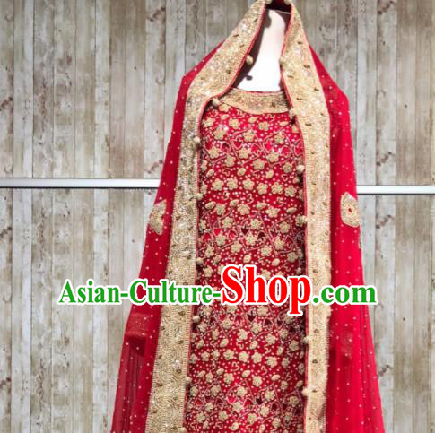 South Asia  Indian Court Bride Red Embroidered Trailing Dress Traditional   India Hui Nationality Wedding Costumes for Women
