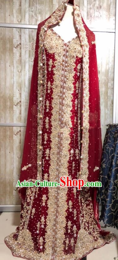 South Asia  Indian Court Bride Wine Red Embroidered Dress Traditional   India Hui Nationality Wedding Costumes for Women