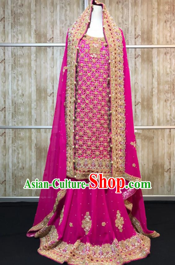 Asian  Indian Court Queen Wedding Embroidered Rosy Dress Traditional   India Hui Nationality Bride Costumes for Women