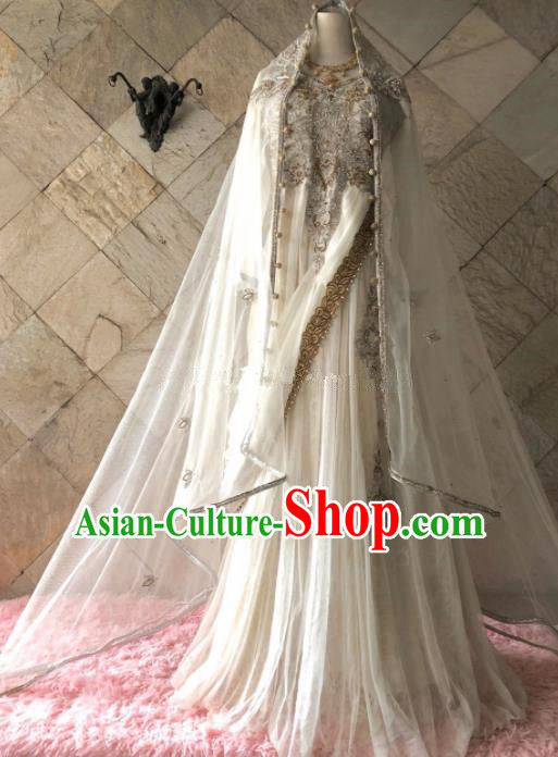 Asian  Indian Court Bride Embroidered White Wedding Dress Traditional   India Hui Nationality Costumes for Women