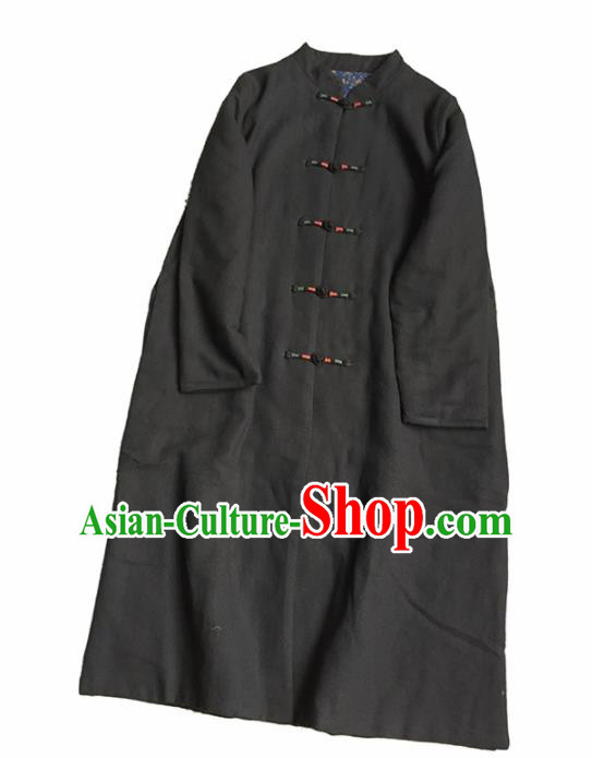 Chinese Traditional Tang Suit Black Cotton Padded Coat National Greatcoat Costume for Women