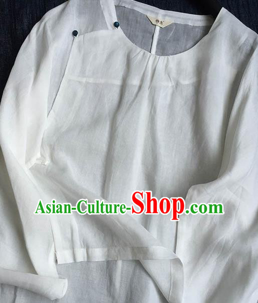Chinese Traditional Tang Suit White Ramie Blouse National Upper Outer Garment Costume for Women